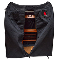 Black sauna cover with visible brand logo on a white background