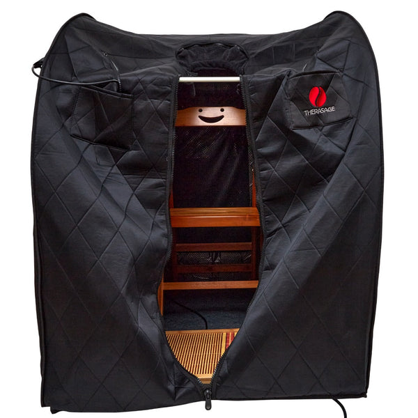 Black sauna cover with visible brand logo on a white background