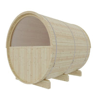 Wooden barrel-shaped sauna on a white background
