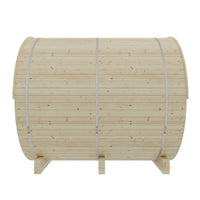Wooden barrel with white straps on a white background