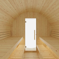 Wooden sauna with a clear glass door