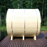 Wooden barrel on a wooden platform with a forest background