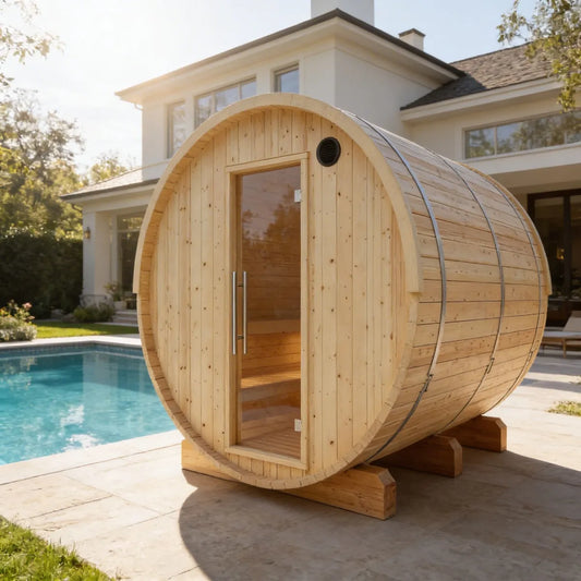 Wooden barrel-shaped sauna in a backyard with a pool and house in the background