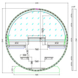 Technical drawing of a circular structure with dimensions