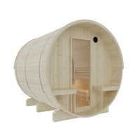 Wooden barrel-shaped sauna with a door on a white background