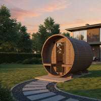 Wooden barrel-shaped structure in a garden with a house and trees in the background.