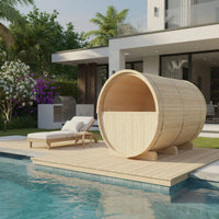 Wooden barrel-shaped outdoor seat by a pool with modern house and garden in the background