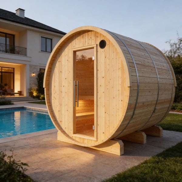 Wooden barrel-shaped sauna in a backyard with a pool and house in the background