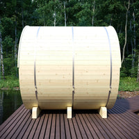 Wooden barrel on a wooden platform with a forest background