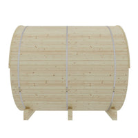 Wooden barrel with white straps on a white background