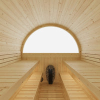 Wooden sauna interior with benches and a window.