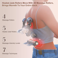 Heated jade roller device on a person's back with text highlighting features.