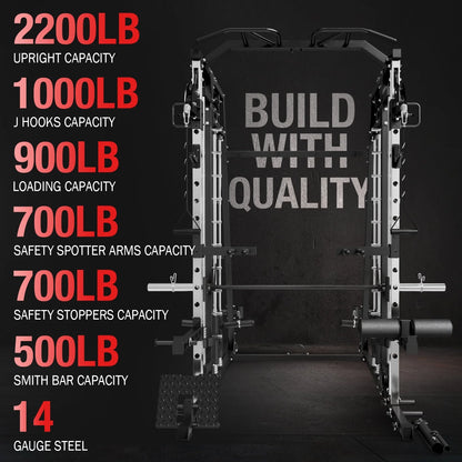 Smith Machine Home Gym, 2200 Lbs Power Rack Cage with Cable Crossover, Power Rack with 1200LB Capacity Adjustable Weight Bench and 370 Lbs Weight Plate, Total Body Strength Training Equipment