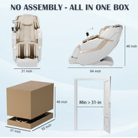 Massage chair with dimensions and packaging illustration on a light blue background