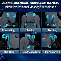 6-panel illustration of 3D mechanical massage hands performing various massage techniques on a person.