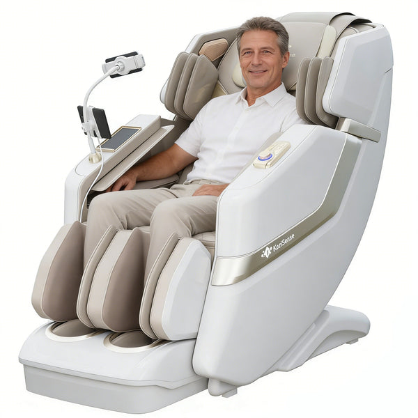 Man sitting in a modern massage chair with a white background