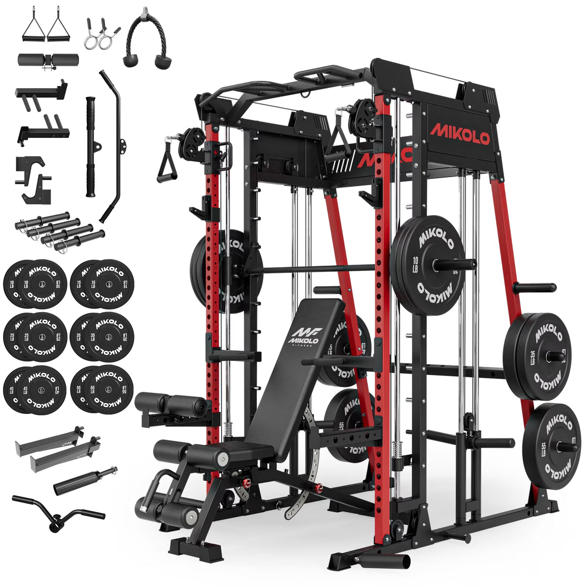 M11 Smith Machine, 2200Lbs Squat Rack with Lat-Pull down System & Cable Crossover Machine, Training Equipment with Leg Hold-Down Attachment