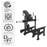 Black weightlifting machine with features listed on the left side on a white background