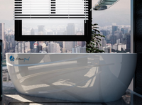 Modern freestanding bathtub with a cityscape view through a window.