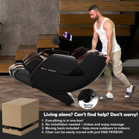 Man moving a massage chair with text highlighting features and ease of use.