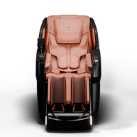 Massage chair with brown leather seat and black frame on a white background