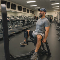 Man exercising on a leg machine in a gym.