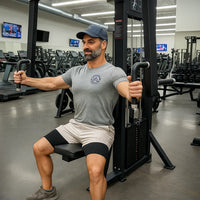 Man exercising on a machine in a gym setting