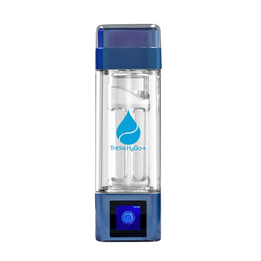 Blue and clear portable water filter with TheraH2Go+ logo on a white background